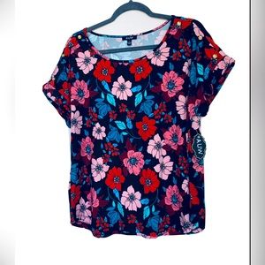 NWT women size L colorful floral A.U.W’S short roll tab sleeve top blouse shirt